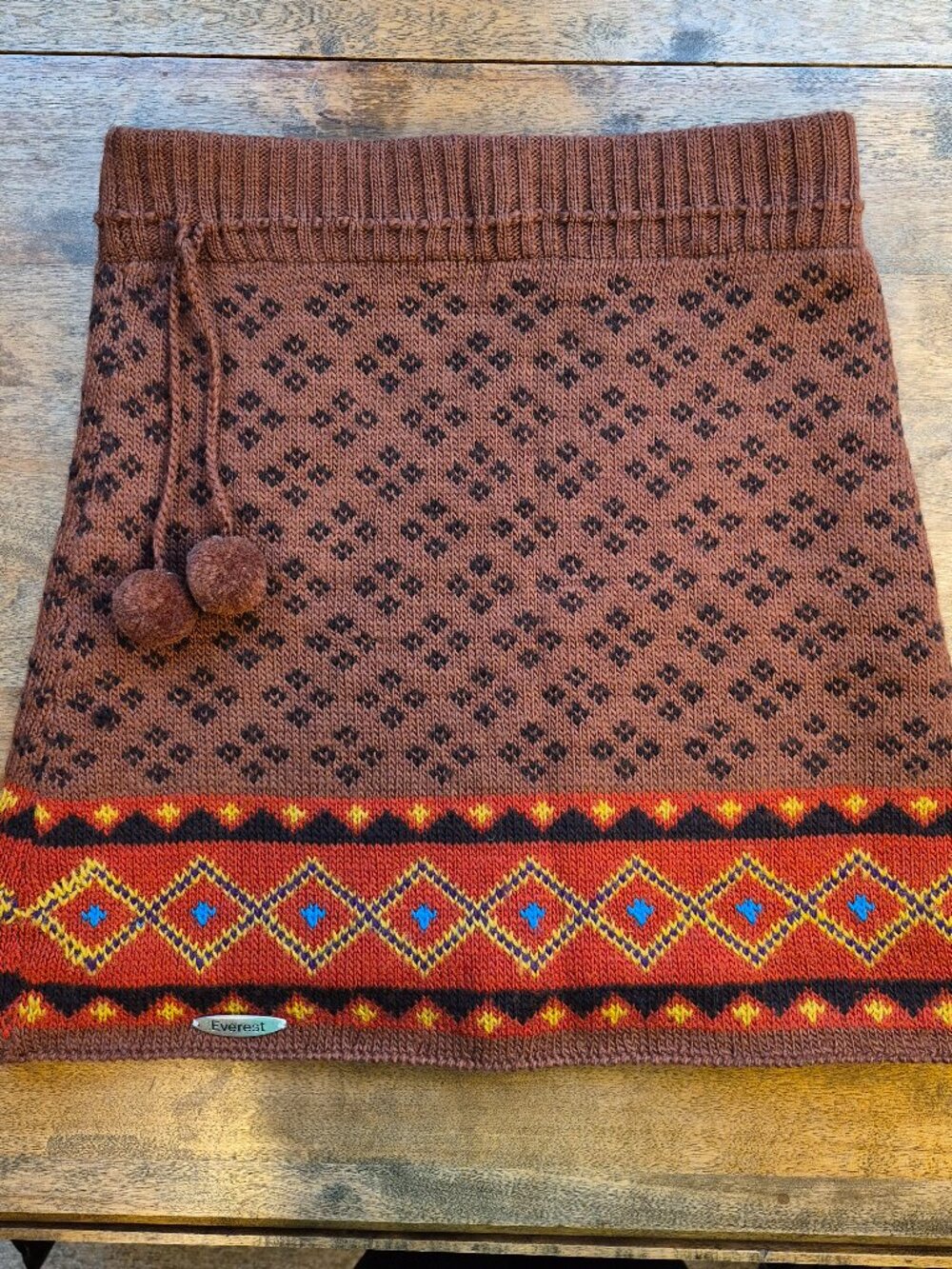Everest Women’s Brown Knit Mini Skirt Fair Isle Geometric Pom Drawstring Small